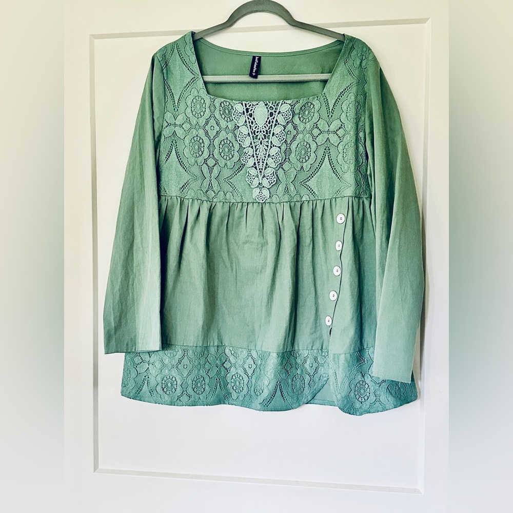 Women's Sage Green Lace babydoll Long Sleeve Top lagenlook fairycore